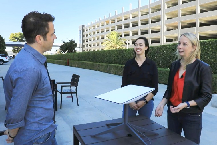 Bianca Reinhardt, middle, and Lauren Dreyer, right, of SpaceX speech   Starlink with NBC News newsman  Cal Perry.