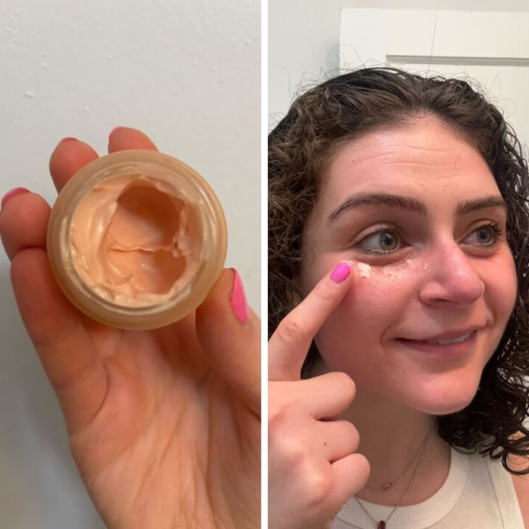 On the left, a woman holds an uncapped Summer Fridays Light Aura Vitamin C + Peptide Eye Cream in her hand. On the left, she dabs the cream on her under-eye area.