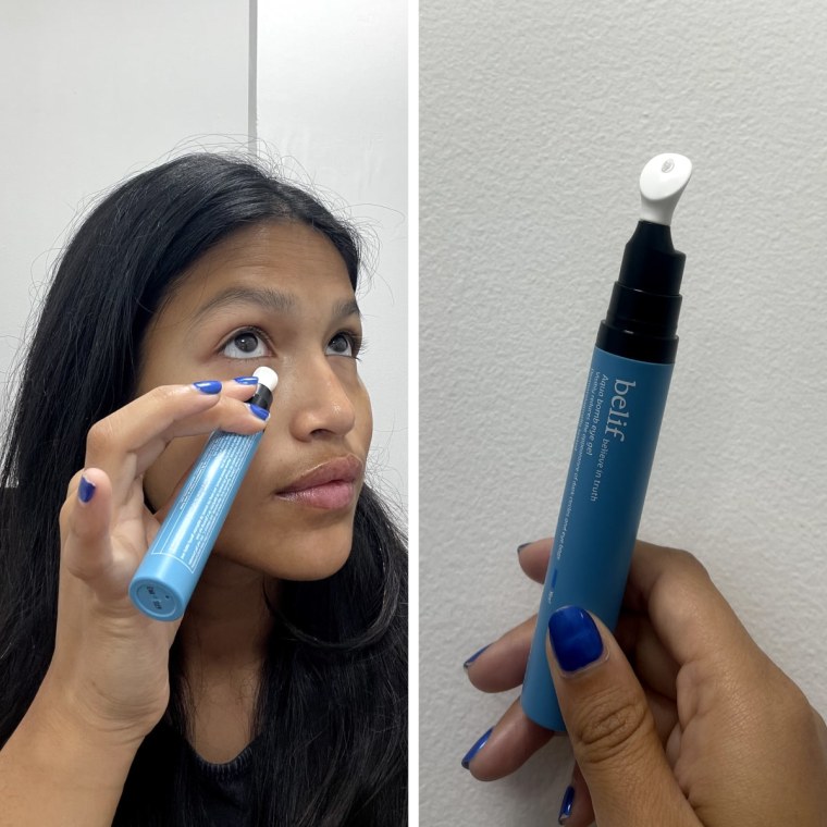 On the left, the woman applies the Belif Aqua Bomb Depuffing Eye Gel directly to her under eyes. On the right, the woman holds the eye gel in her hand, uncapped, with the gel dispensed right at the opening of the ceramic tip.