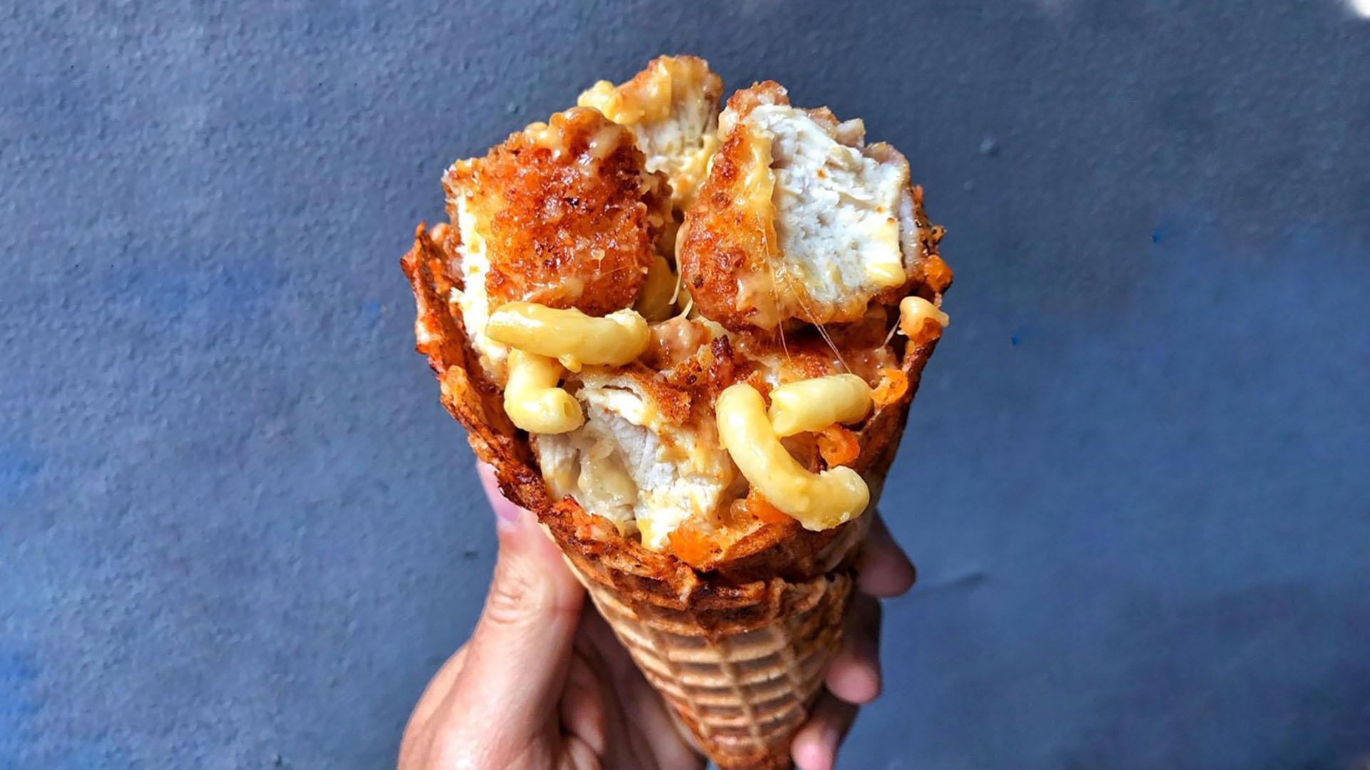 Feast your eyes on these crazy waffle cones filled with fried chicken!