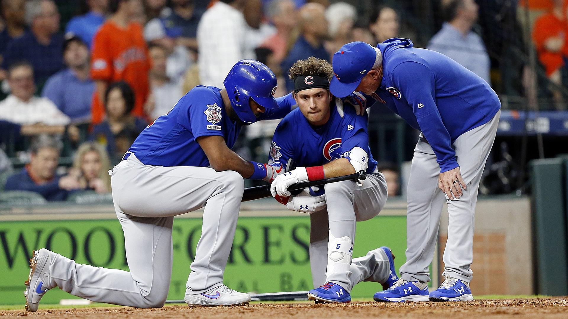 Albert Almora Jr. accidentally hit a 4 year old girl in the stands with a  hard hit foul ball. This is him after being told by a park security guard  that the