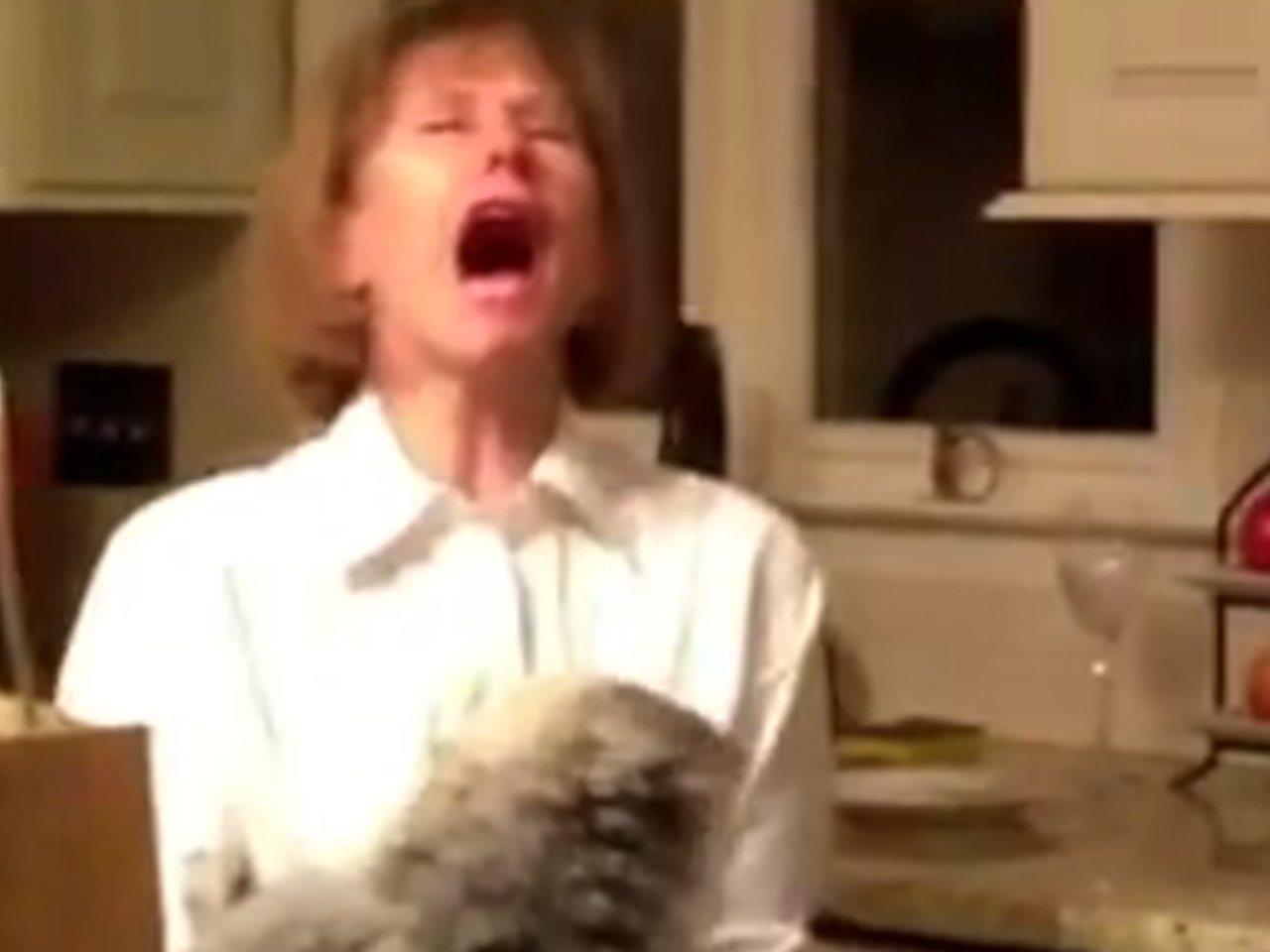 AHH! Grandma-to-be gets excited, scares her dog