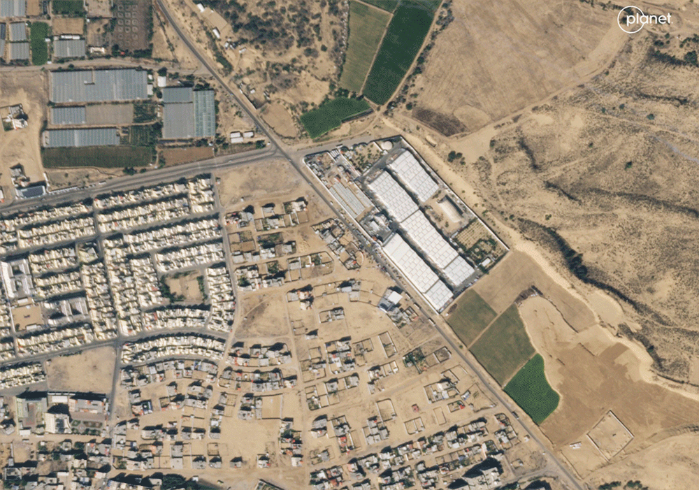 Satellite images of Rafah, southern Gaza, on Jan. 14, 2024. The town is normally home to 280,000 people. But its population has swelled to over 1.5 million – roughly three quarters of Gaza's population -- as people flee fighting elsewhere in Gaza. Sprawling tent camps now dot the city.