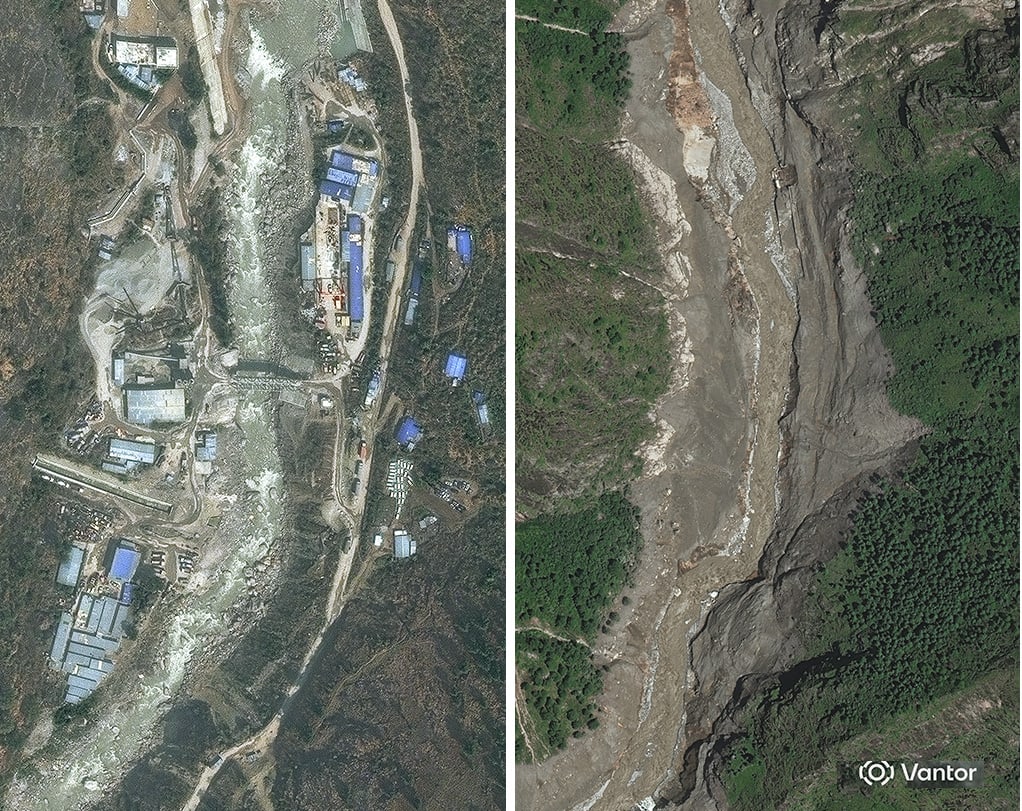 Before and after views of buildings and bridges along Trishuli River on the China-Nepal border.