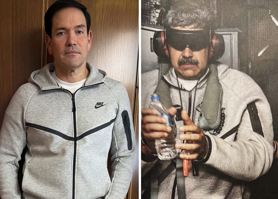 Marco Rubio wearing a Nike tracksuit on board Air Force One that resembles the tracksuit Venezuelan President Nicolás Maduro wore in a photo released by the White House.