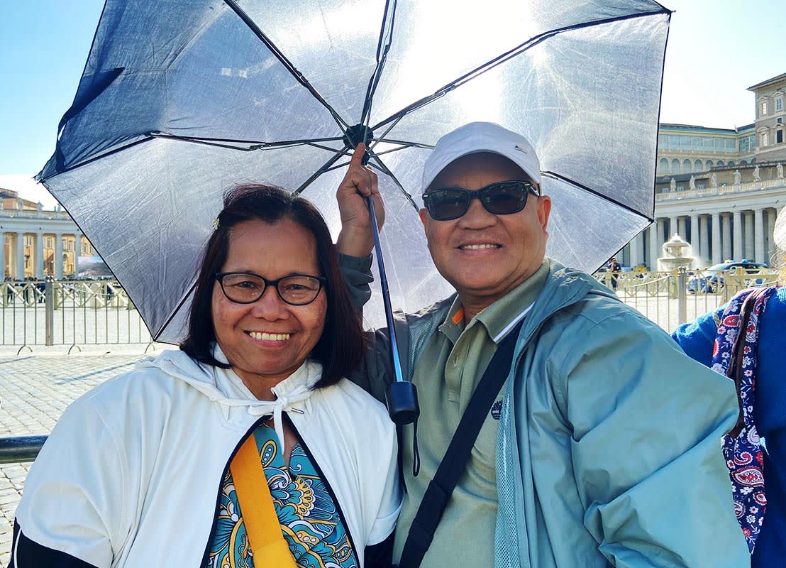 Lucy and her husband, Pepito, at the Vatican on the first day of the papal conclave.