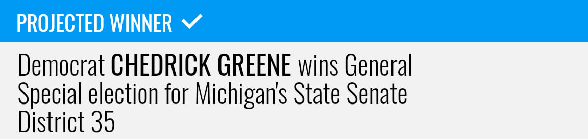 Democrat Chedrick Greene wins the General Special election for Michigan's State Senate District 35, NBC News projects.