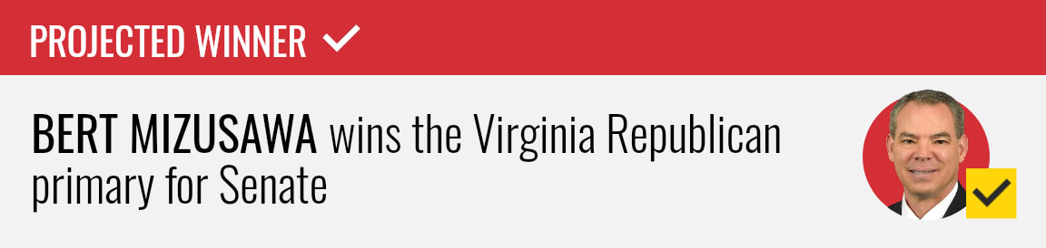 Bert Mizusawa wins the Republican Senate primary in Virginia, NBC News projects.