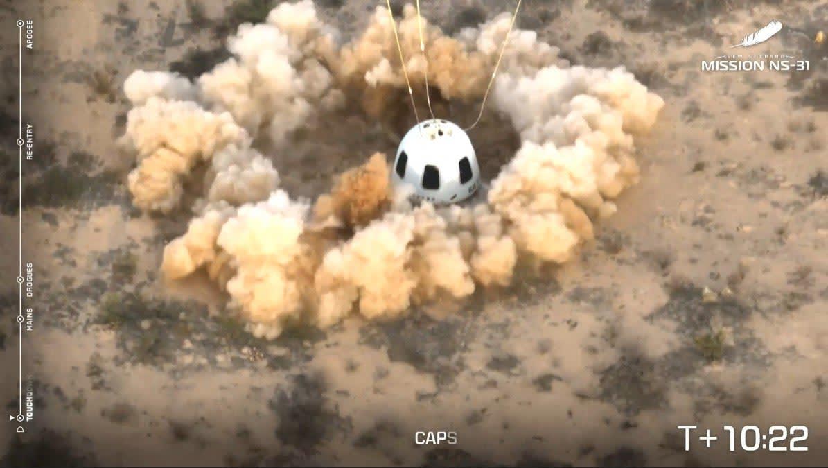 The New Shepard capsule lands on April 14, 2025, in Van Horn, Texas. 