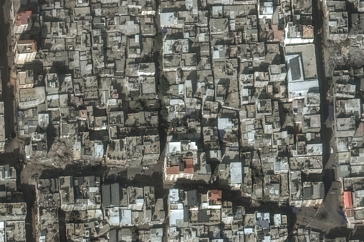 The Jabaliya refugee camp in Gaza before an Israeli strike and on Nov. 1, 2023, after the strike.