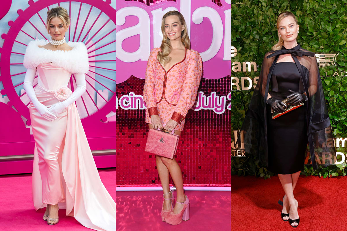 Margot Robbie in London in July 2023 and New York in November 2023.