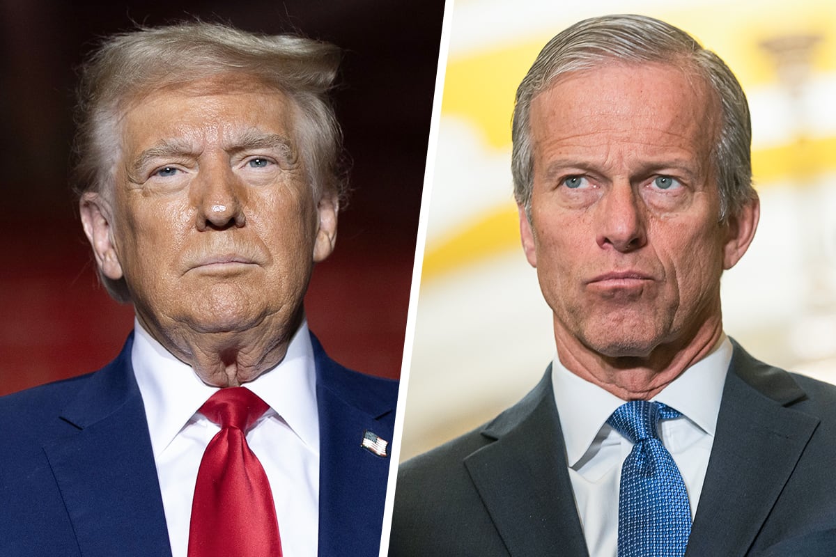 A split composite image of Donald Trump, left, and John Thune