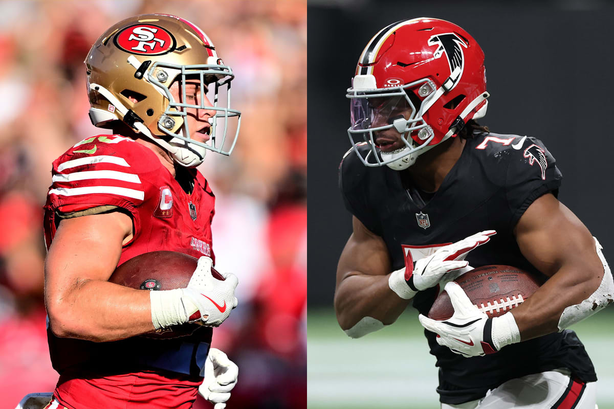 Christian McCaffrey #23 of the San Francisco 49ers; Bijan Robinson #7 of the Atlanta Falcons.