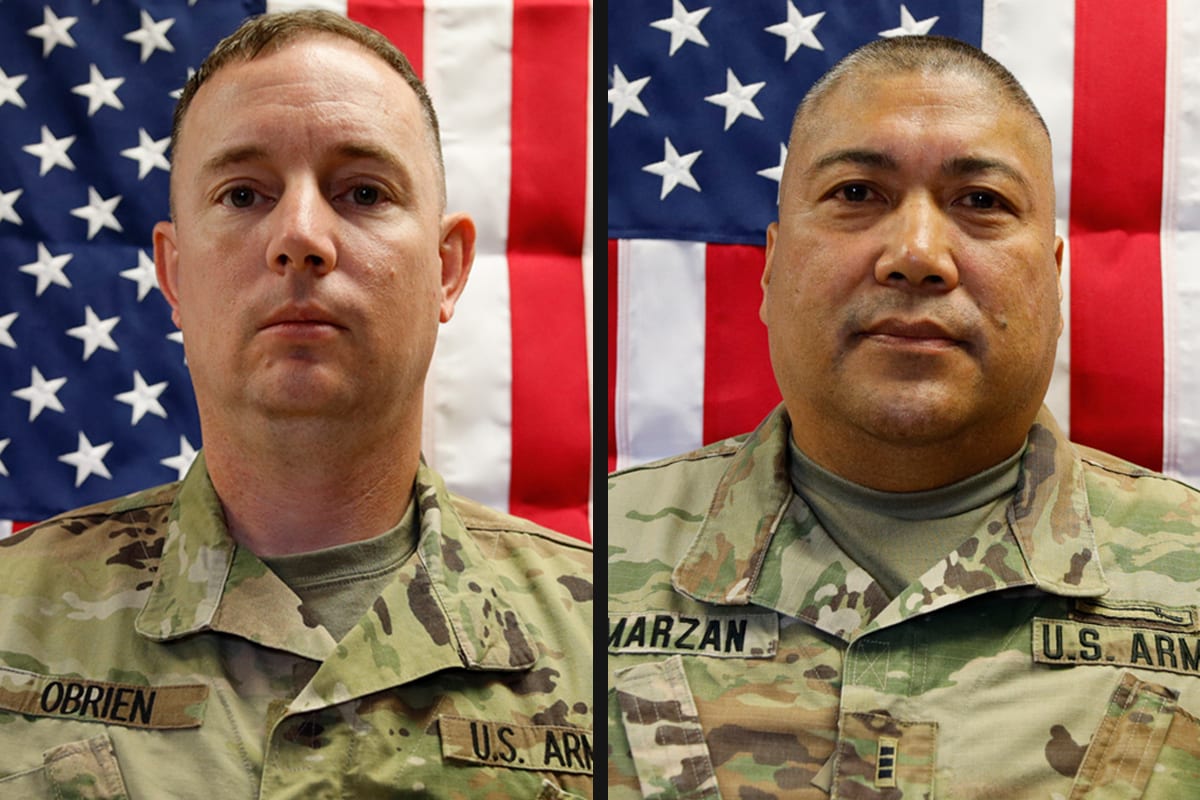 A diptych of two U.S. Army soldiers wearing camouflage fatigues and standing in front of American flags.