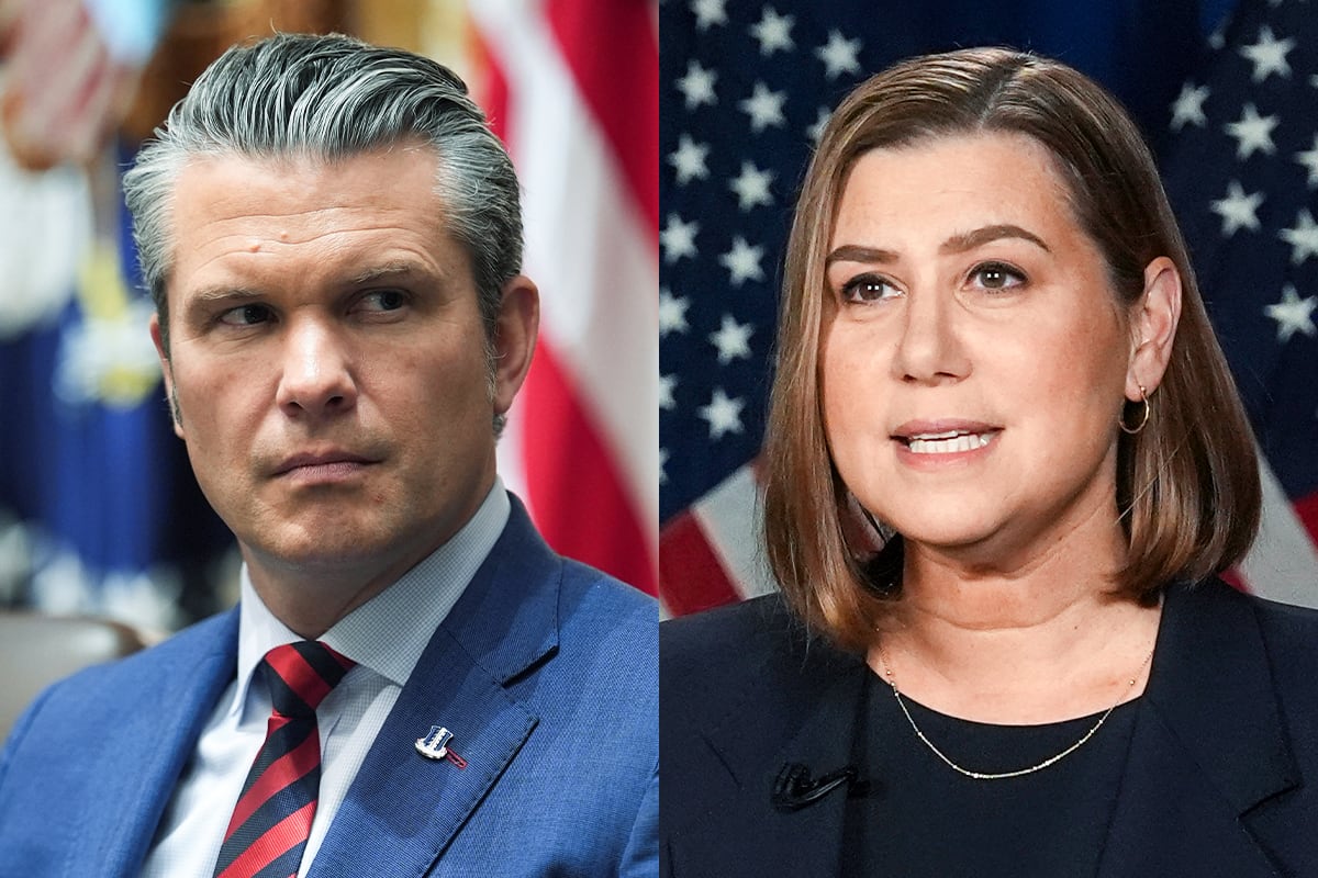 A split composite image of Pete Hegseth, left, and Elissa Slotkin