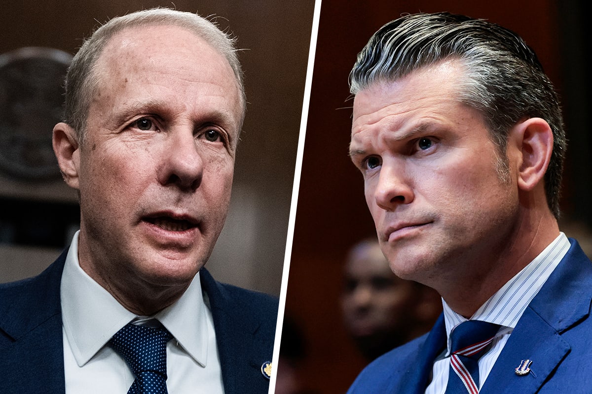 A split composite image of Stephen Feinberg, left, and Pete Hegseth