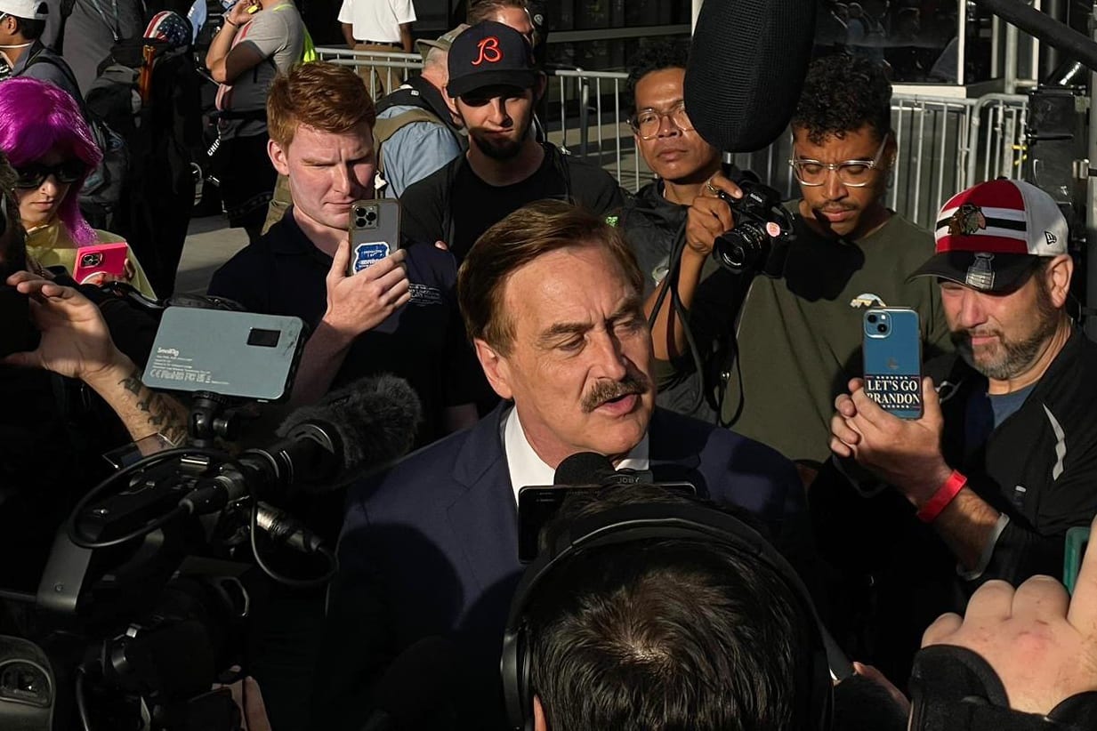 Lindell speaks to reporters