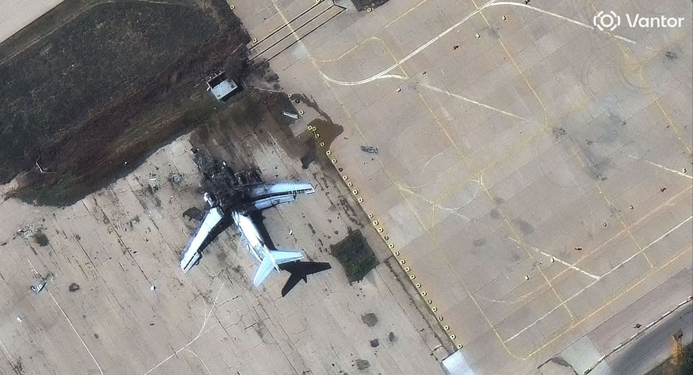 A damaged aircraft at Shiraz Airbase in Iran on March 6, 2026.