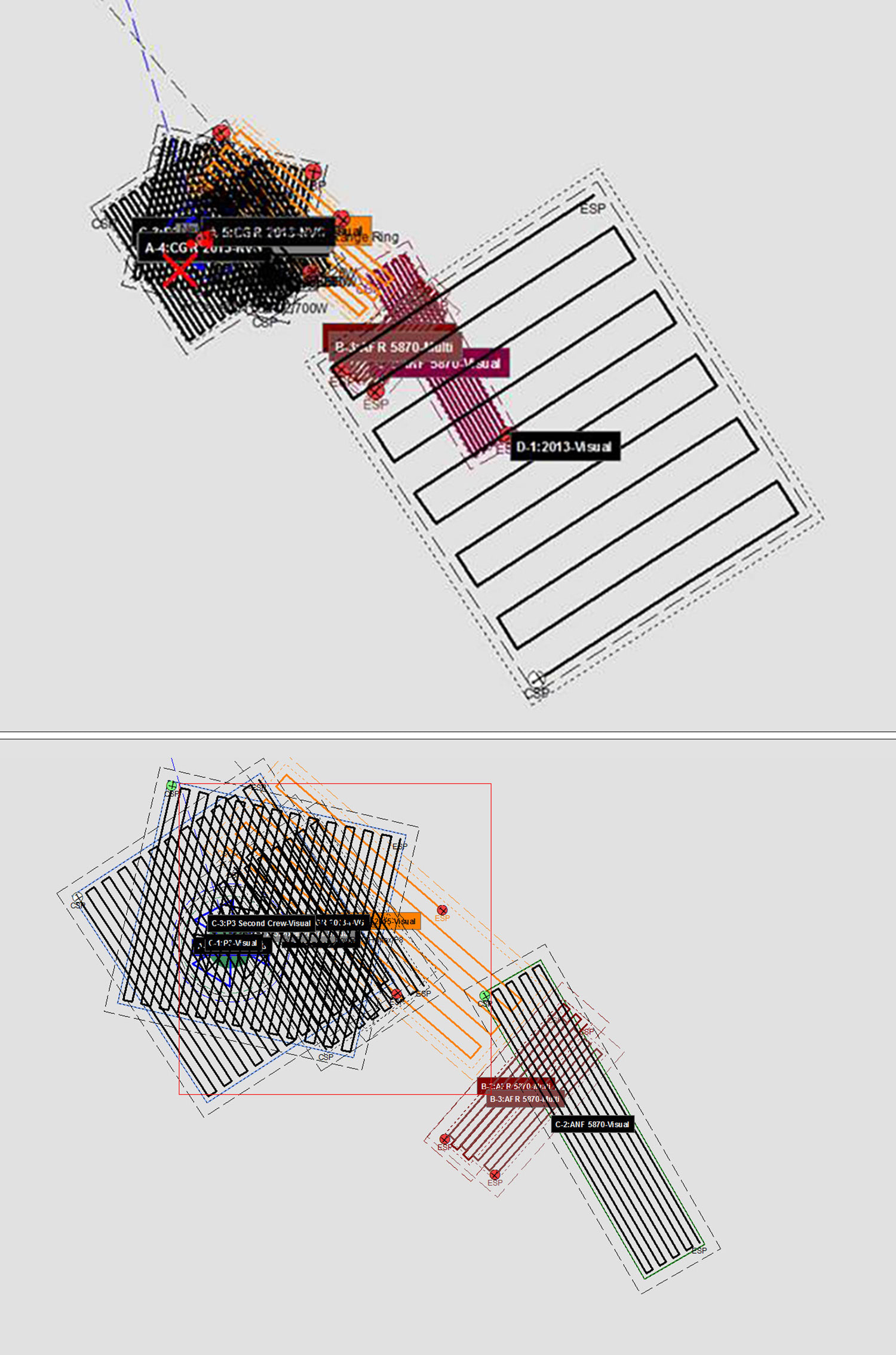 Top: Completed searches for the Titan, as of Wednesday afternoon. Bottom: Search patterns used in the search for the Titan, as of Tuesday.