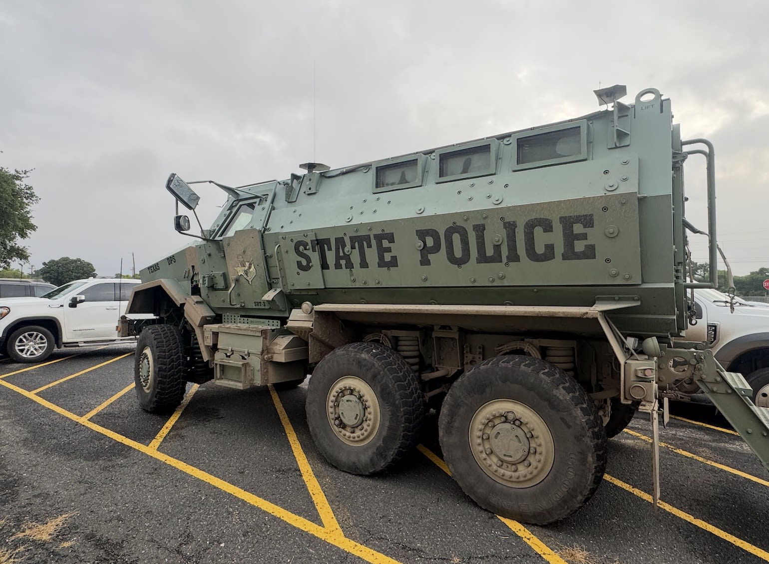 A state police truck parked outside