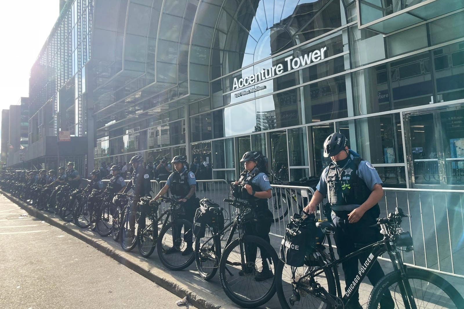 A row of police with bicycles