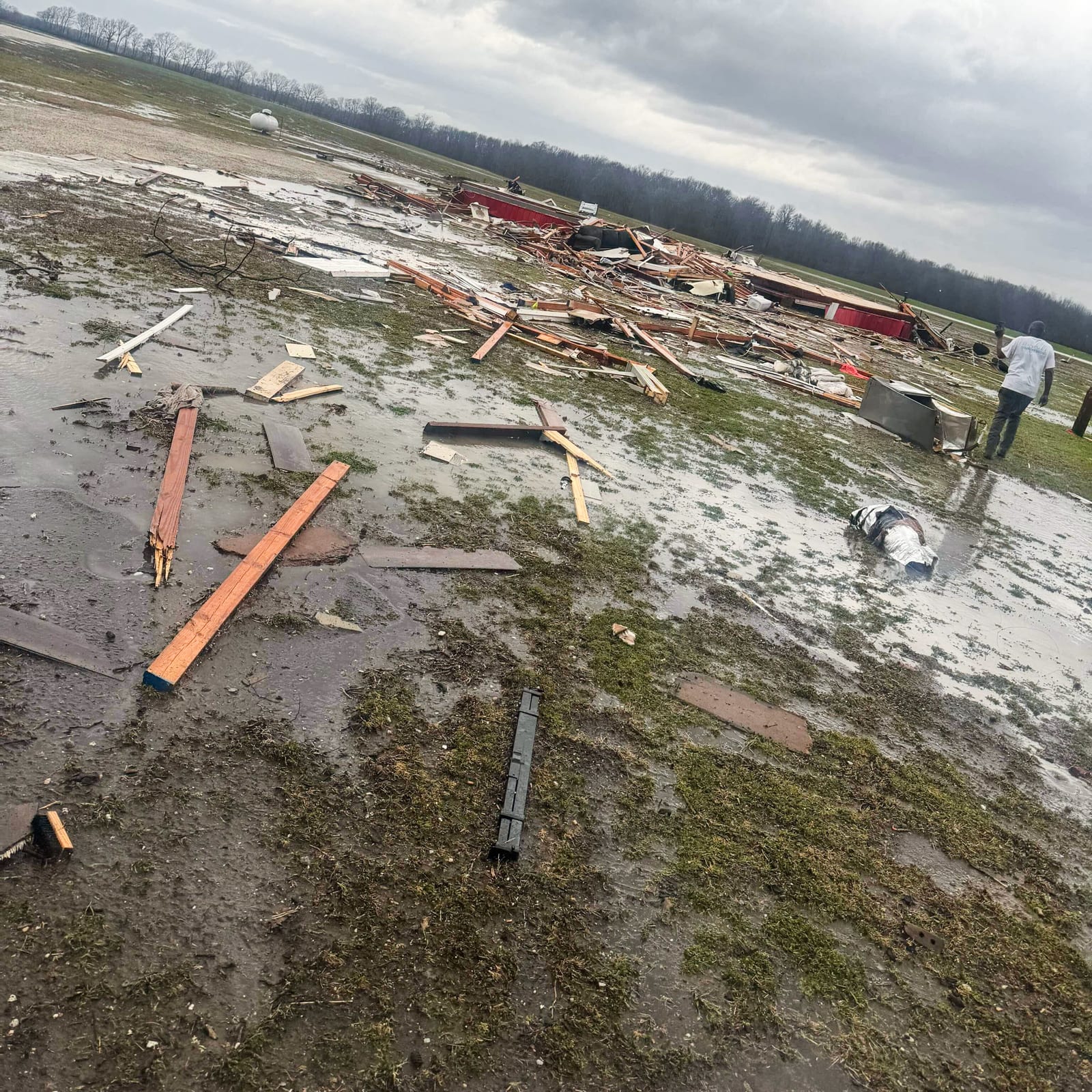 Planks of wood and other debris from the base of a destroyed home are seen scattered on muddy grass outside