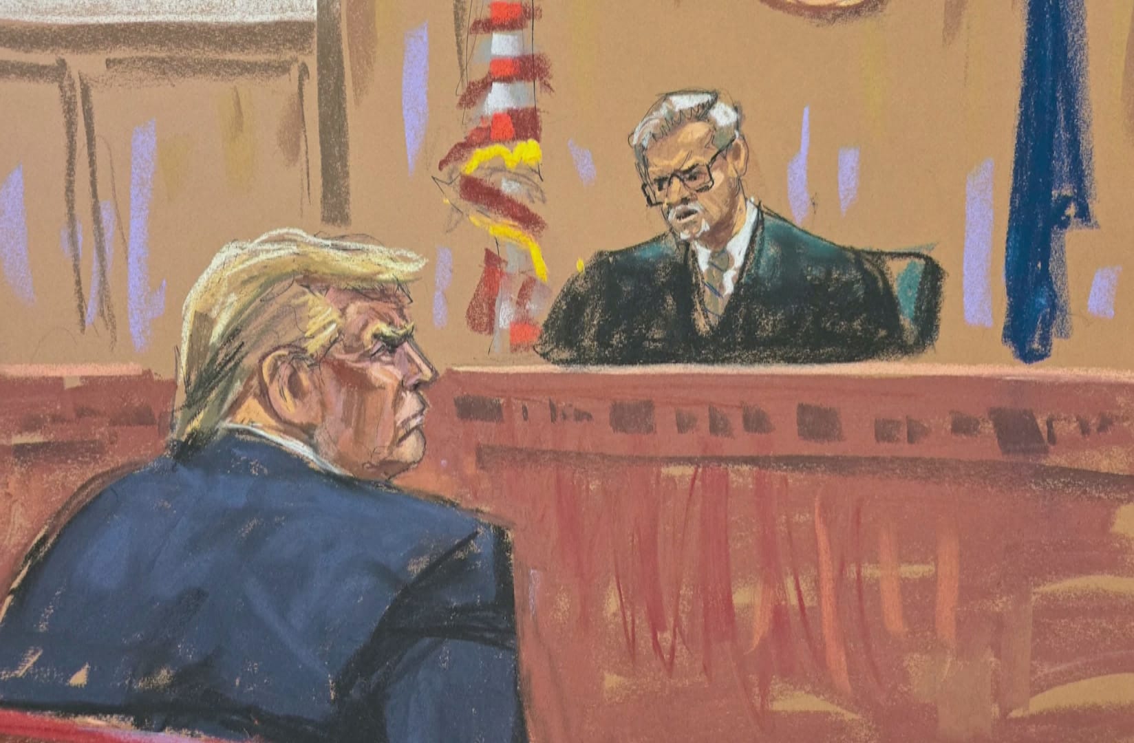 Courtroom sketch of Jude Juan Merchan and Donald Trump