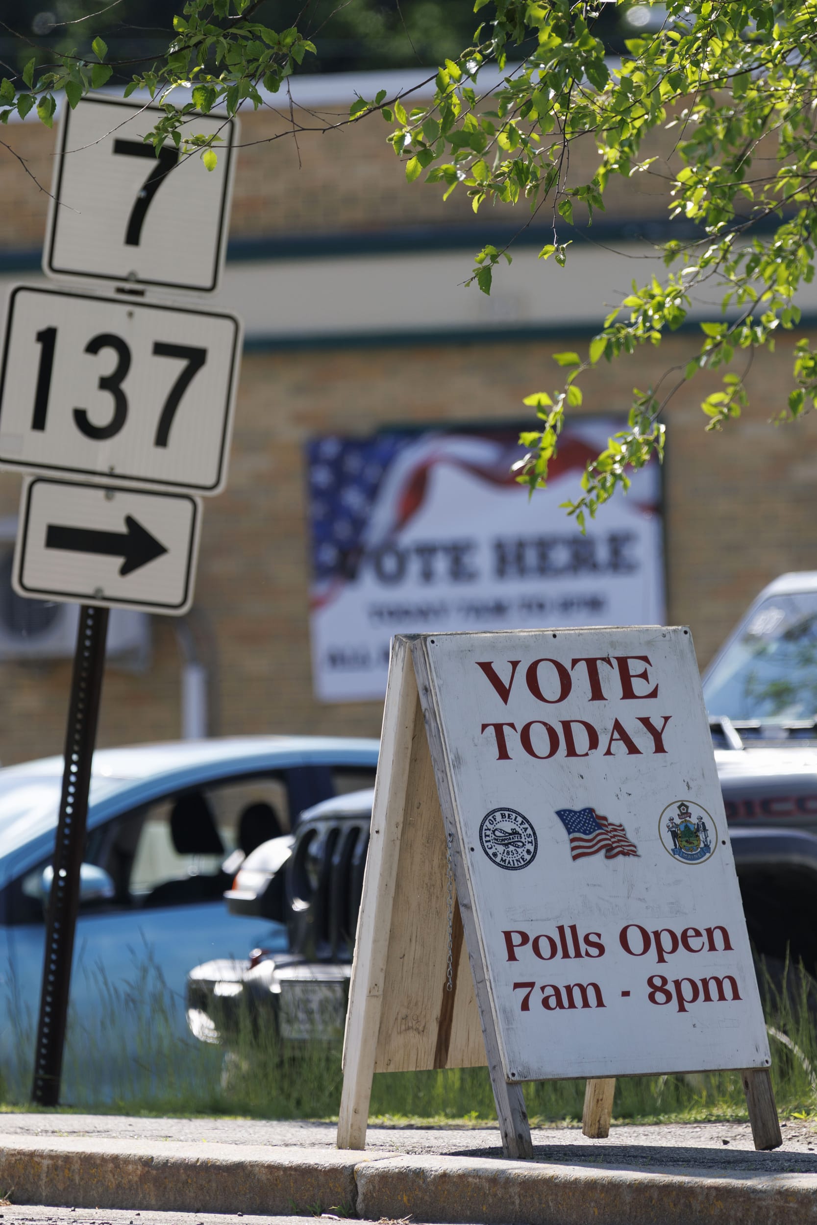 Signage directs Maine residents to cast their ballots.