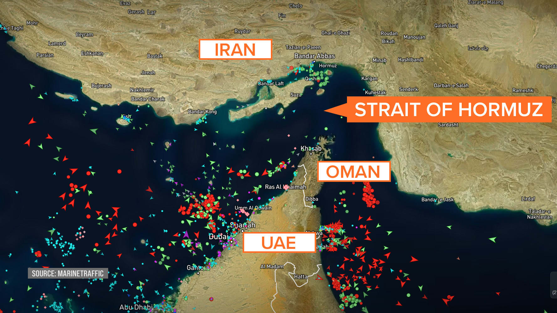 Marine traffic through the Strait of Hormuz around 12:30 p.m. EST on March 4, 2026.