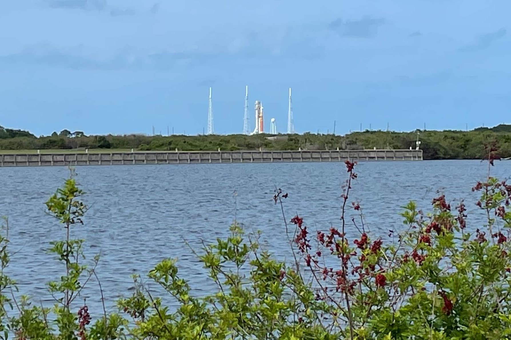 NASA's Artemis II Space Launch System rocket and Orion spacecraft on Launch Pad 39B at the Kennedy Space Center today.