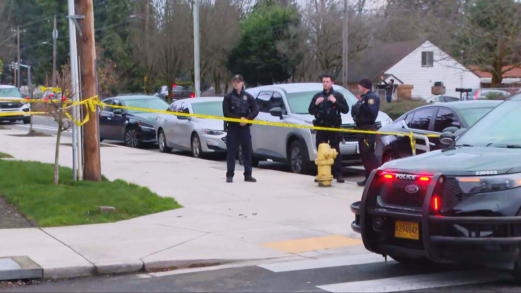 Police near the scene of a shooting in Portland, Ore., that wounded two people on Jan. 8, 2026.