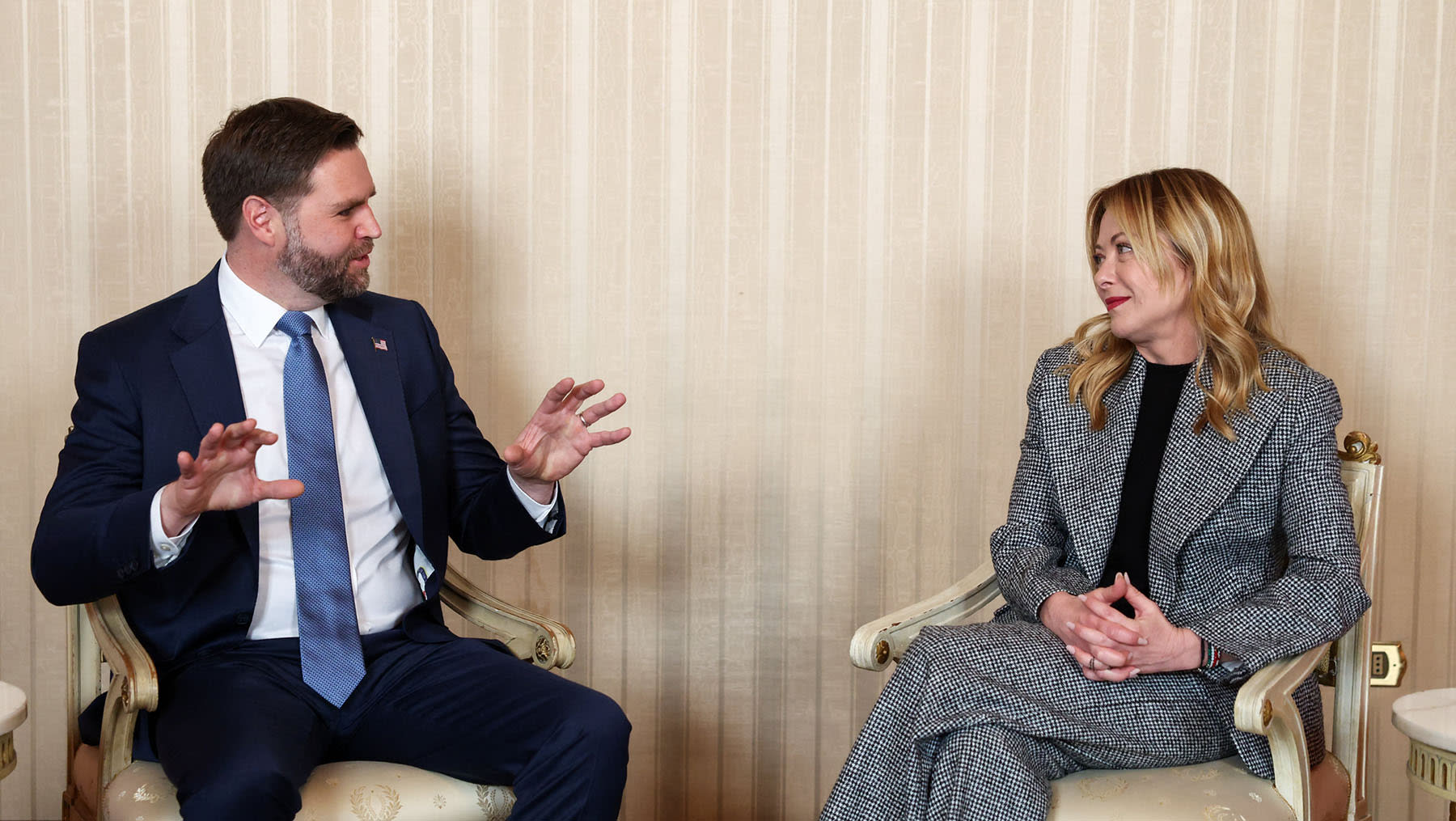 Vice President JD Vance speaks with Italian Prime Minister Giorgia Meloni 