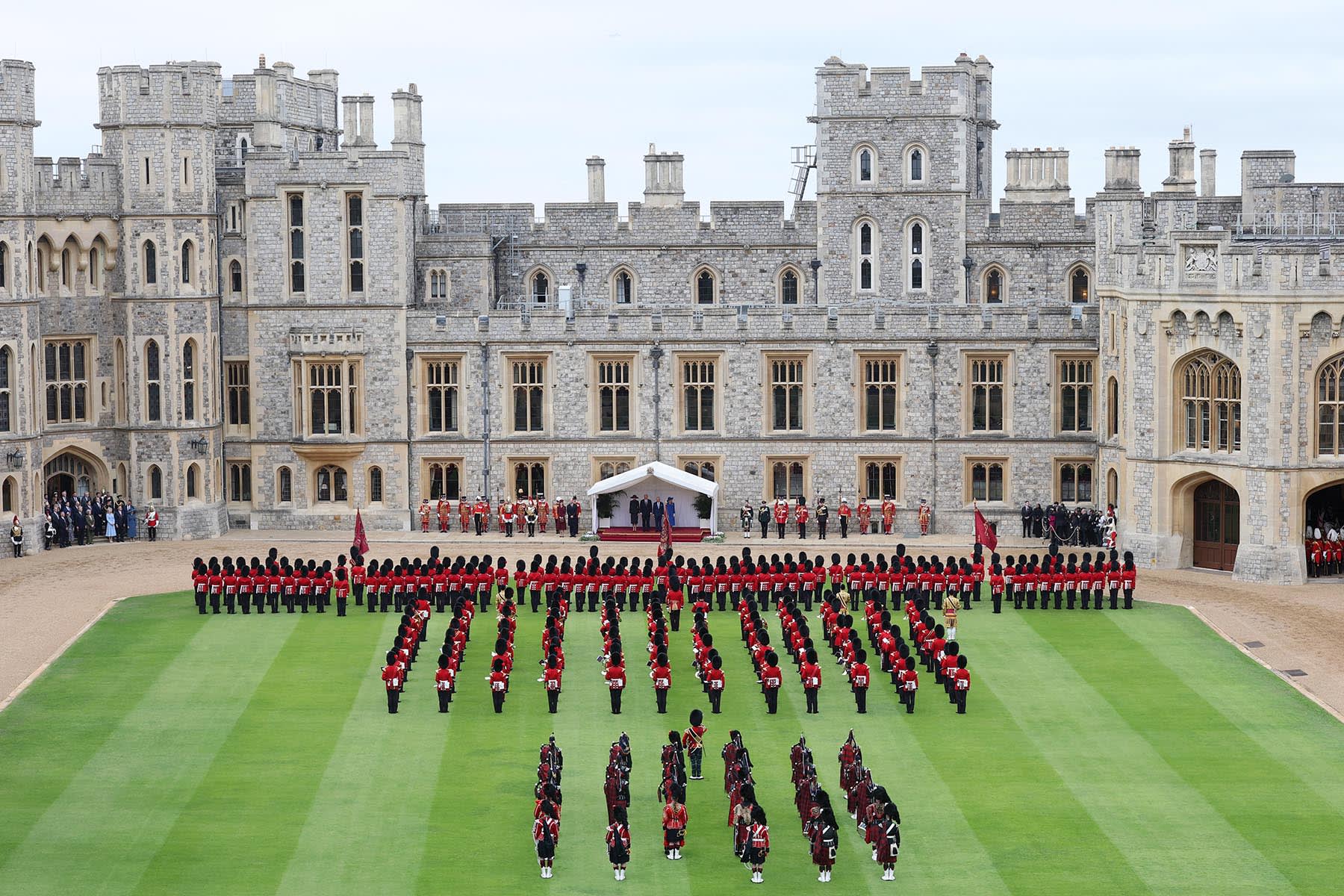 A ceremonial welcome in the Quadrangle at Windsor Castle for President Trump