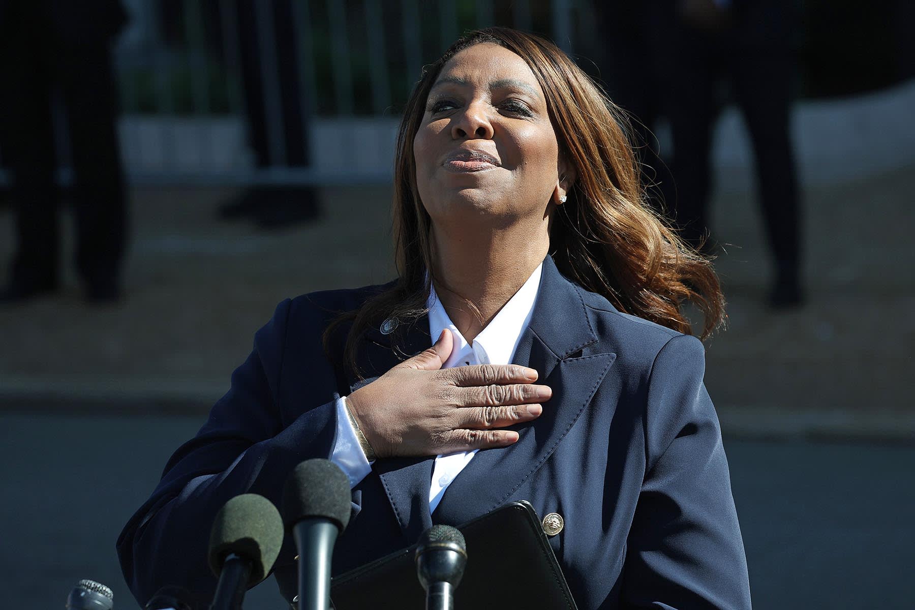 New York Attorney General Letitia James speaks outside the Walter E. Hoffman United States Courthouse following an arraignment hearing on Oct. 24, 2025 in Norfolk, Va.