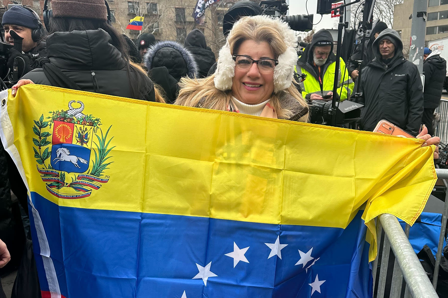 Mile Rojas celebrates outside the courthouse in New York as deposed Venezuelan leader Nicolás Maduro make his first court appearance.
