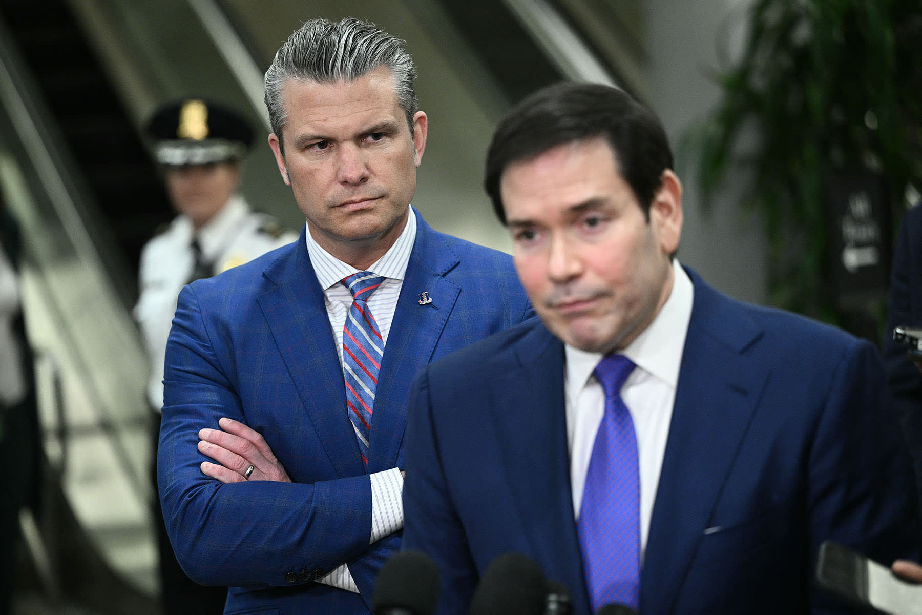 Secretary of Defense Pete Hegseth and Secretary of State Marco Rubio speak to reporters after they briefed Senators on Capitol Hill in Washington, DC on January 7, 2026. 