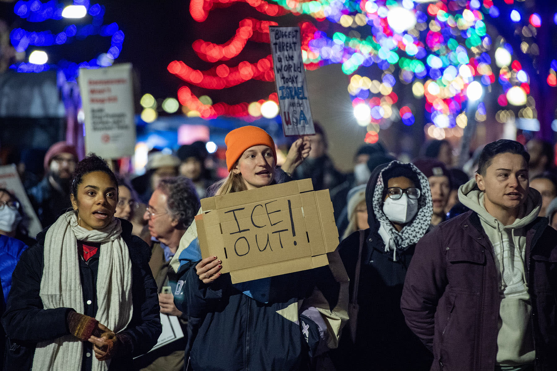 Demonstrators protest the killing of Renee Nicole Good in Boston on Jan. 8, 2026. 