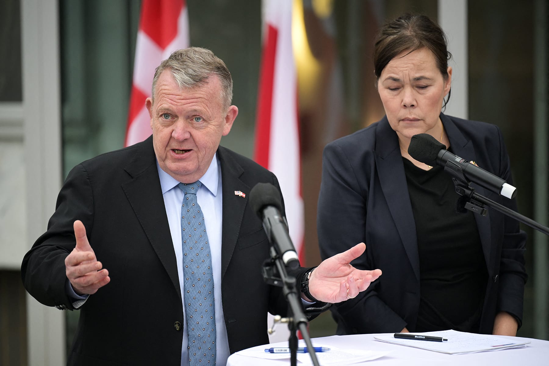 Danish Foreign Minister Lars Løkke Rasmussen and Greenland's Foreign Minister Vivian Motzfeldt speak at the Danish Embassy in Washington on Jan. 14, 2026. 