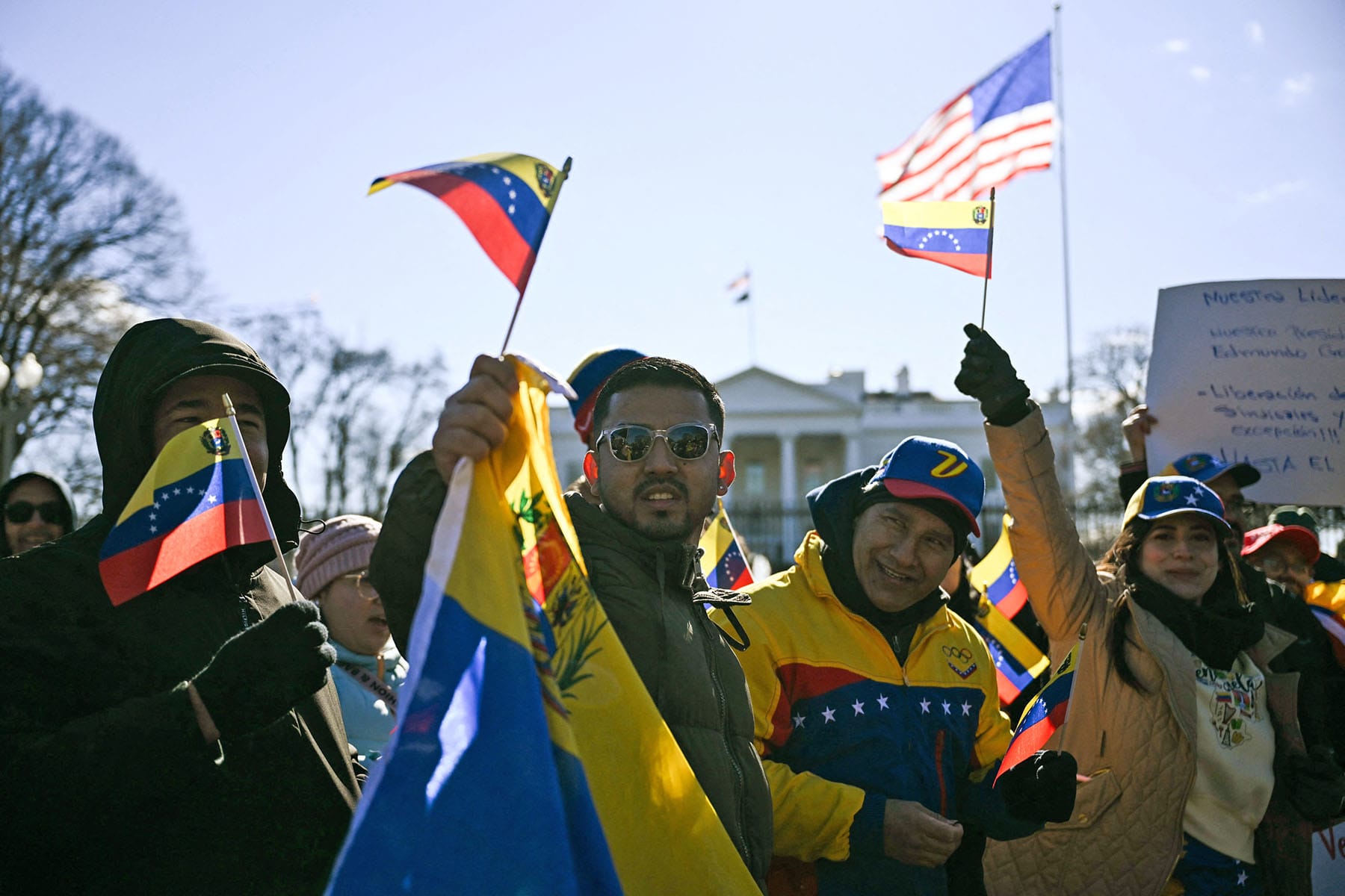 Supporters of Venezuela gather outside the White House ahead of the meeting between President Donald Trump and Venezuelan opposition leader Maria Corina Machado on Jan. 15, 2026.