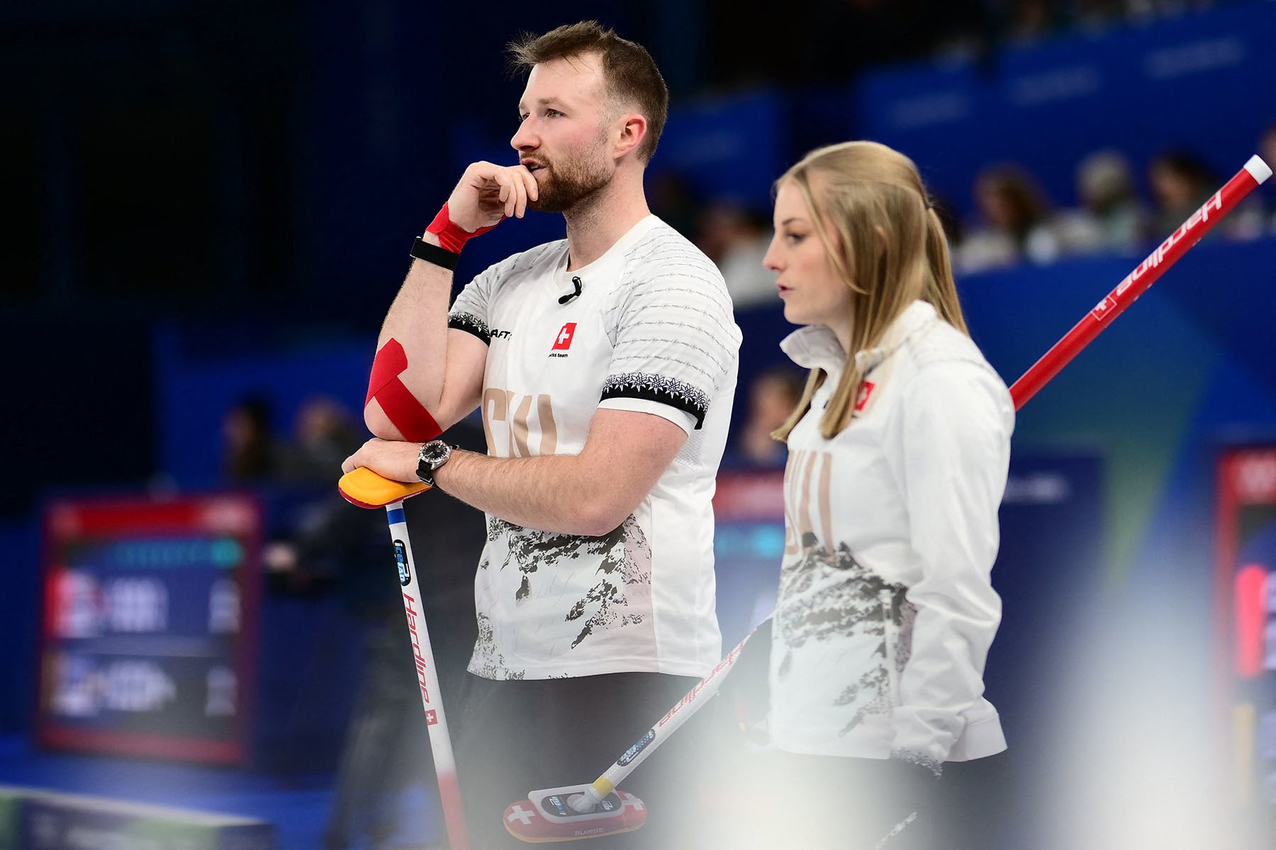 Switzerland's Yannick Schwaller, left, Briar Schwaller-Huerlimann