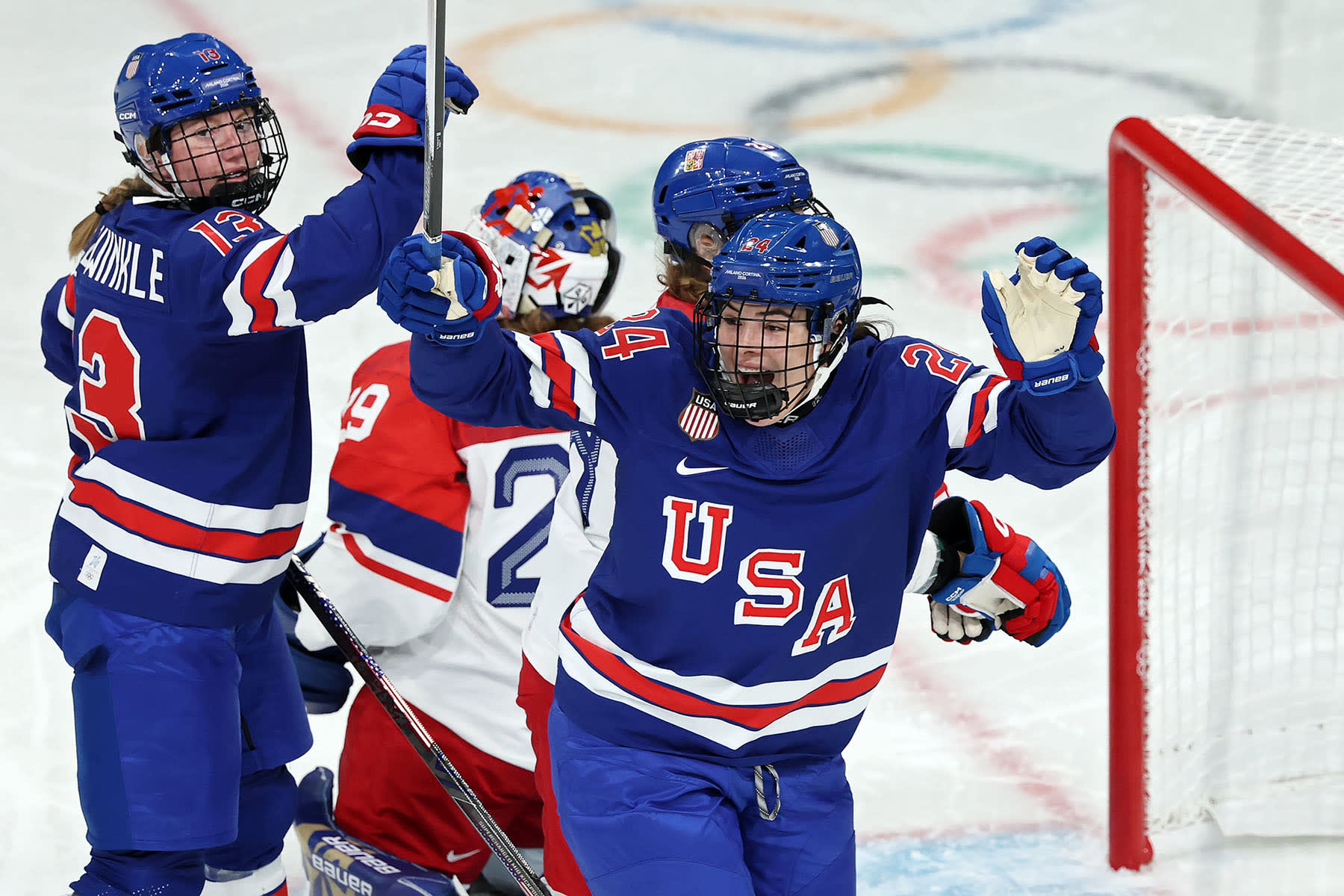 Joy Dunne of the U.S. celebrates scoring a goal