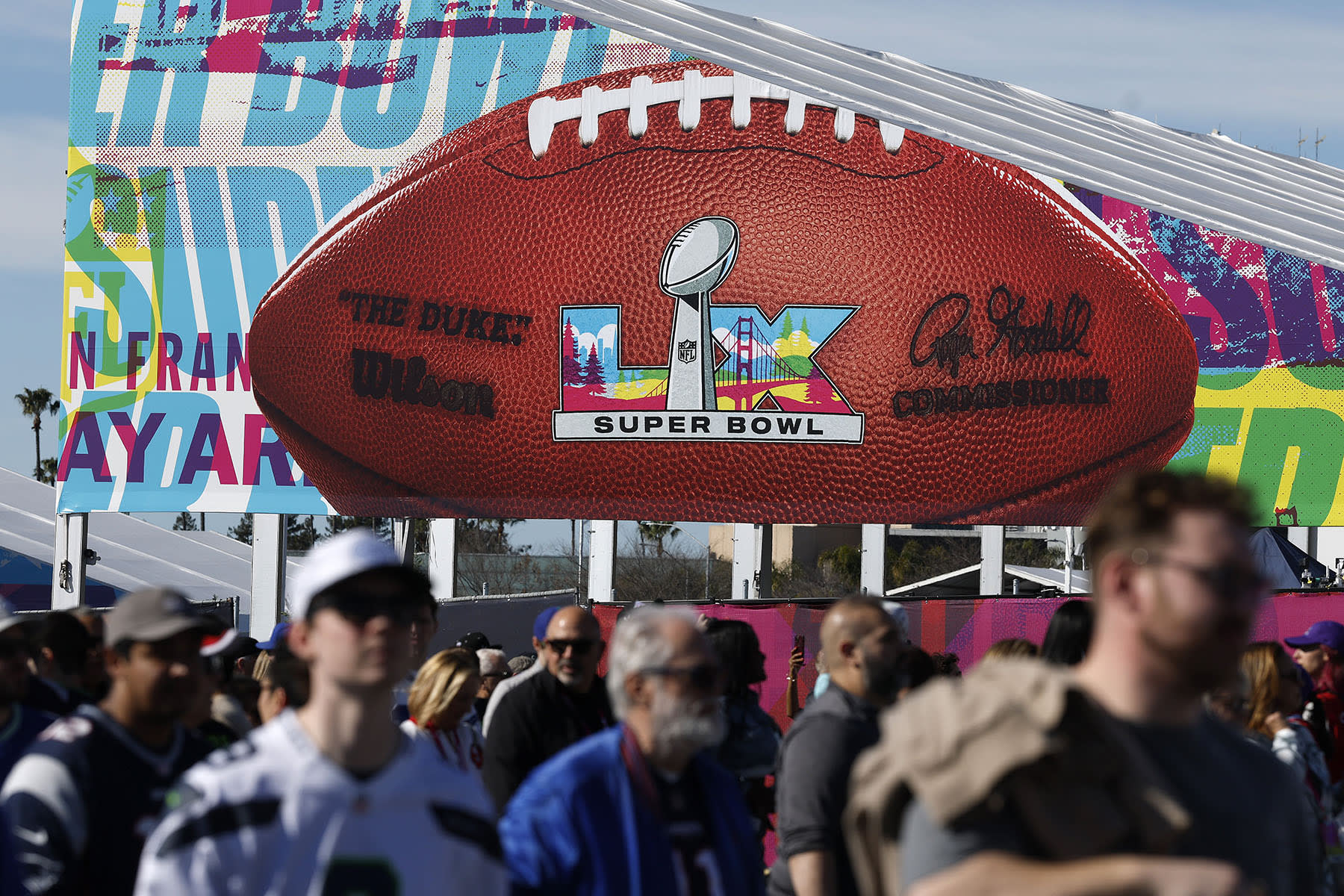 Football fans enter Levi's Stadium before the start of Super Bowl LX on February 08, 2026 in Santa Clara, Calif.