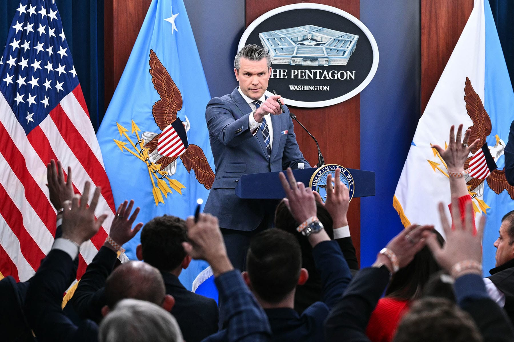 Secretary of Defense Pete Hegseth takes questions at the Pentagon on March 19, 2026. 