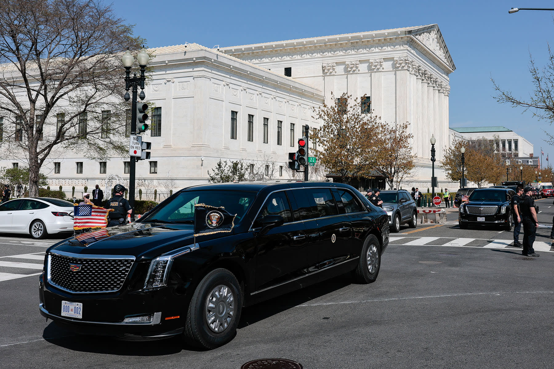 The motorcade carrying President Donald Trump departs the Supreme Court after President Trump attended oral arguments on April 1, 2026.