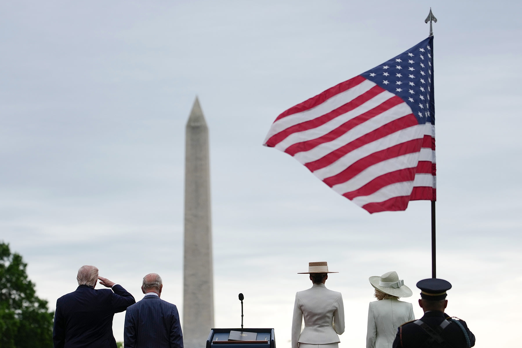 President Donald Trump, King Charles III, first lady Melania Trump and Queen Camila attend a state arrival ceremony on the South Lawn of the White House on April 28, 2026.