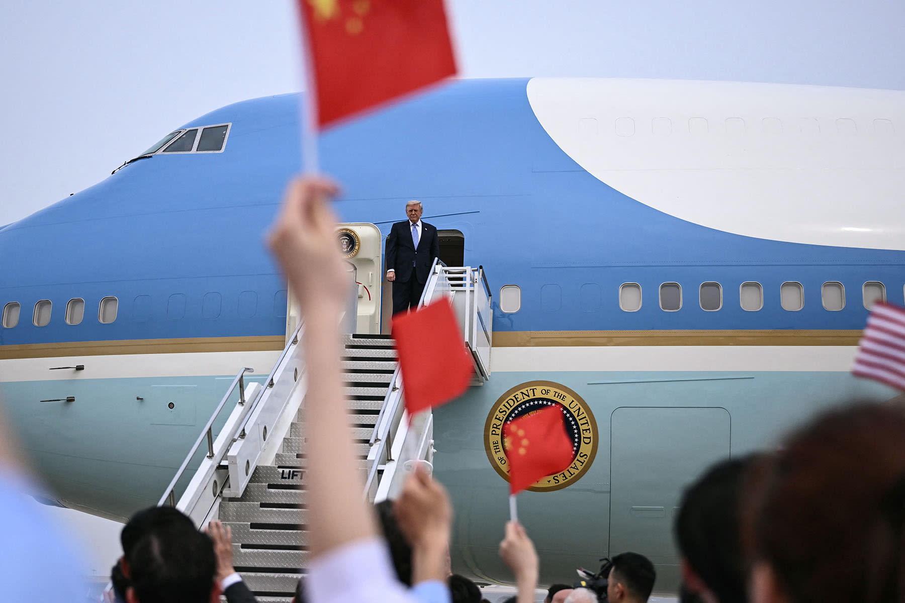 President Donald Trump boards Air Force One as he departs Beijing on May 15, 2026. 