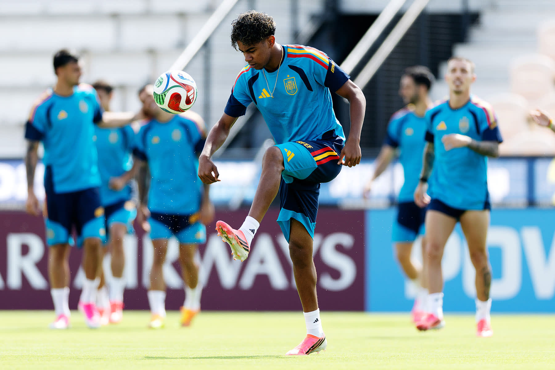 Lamine Yamal of Spain juggles the ball during a training session at Kennesaw State University in Georgia on June 14, 2026.