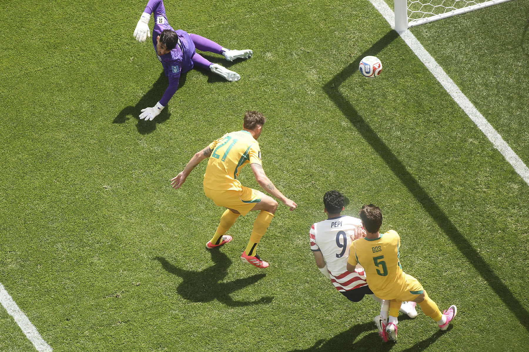 Cameron Burgess (#21) of Australia scores an own goal during a World Cup match against the U.S. on June 19, 2026 in Seattle.