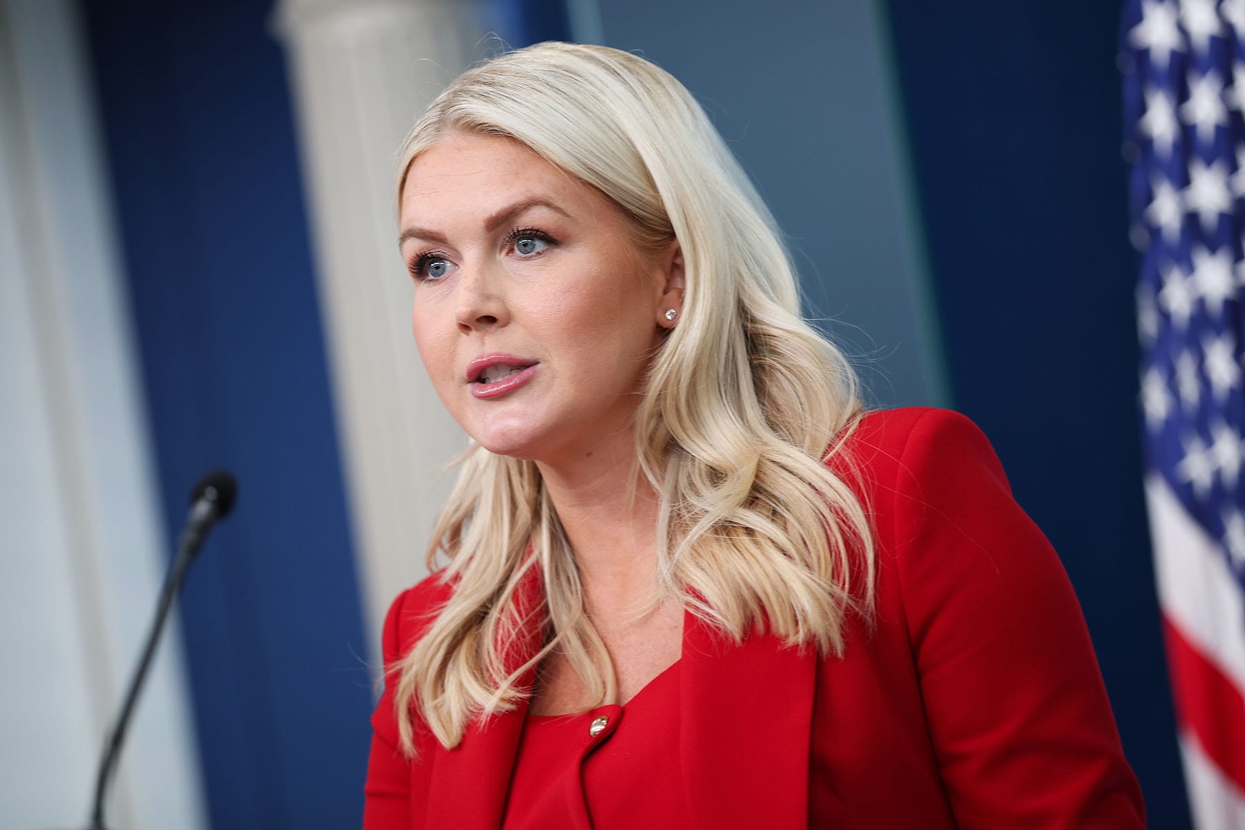 White House Press Secretary Karoline Leavitt delivers remarks during a news briefing in the Brady Press Briefing Room at the White House on July 23, 2026.