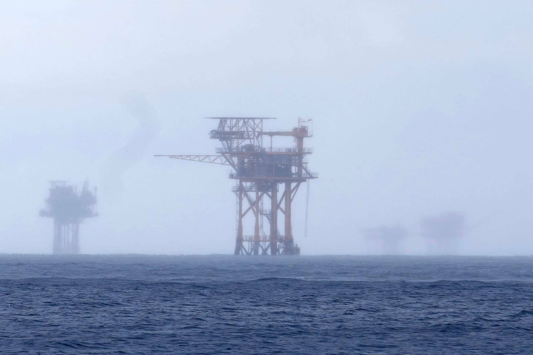 Oil platforms in the Gulf of Mexico, off the coast of Galveston, Texas, in 2023. 